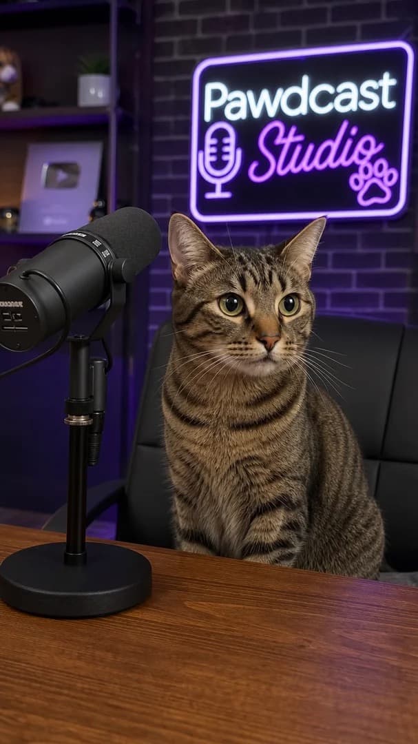 Example character: a tabby cat podcast host
