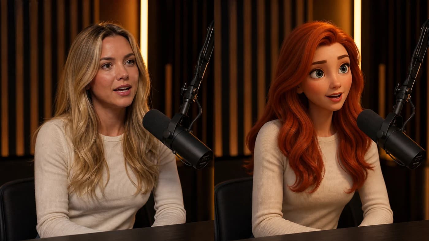 AI character swap example: a woman talking into a podcast mic, and the same shot with an animated red-haired character in her place