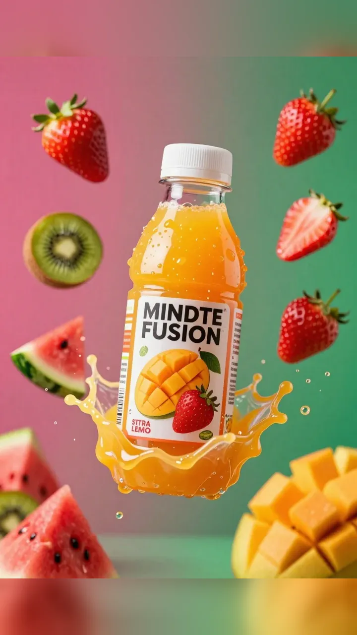 AI product splash ad for a juice bottle, generated as an alternative to Zeely AI