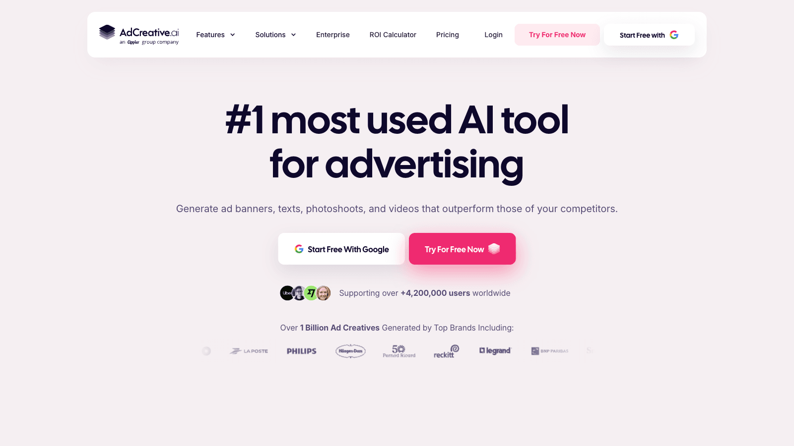 AdCreative.ai homepage screenshot, a Zeely alternative