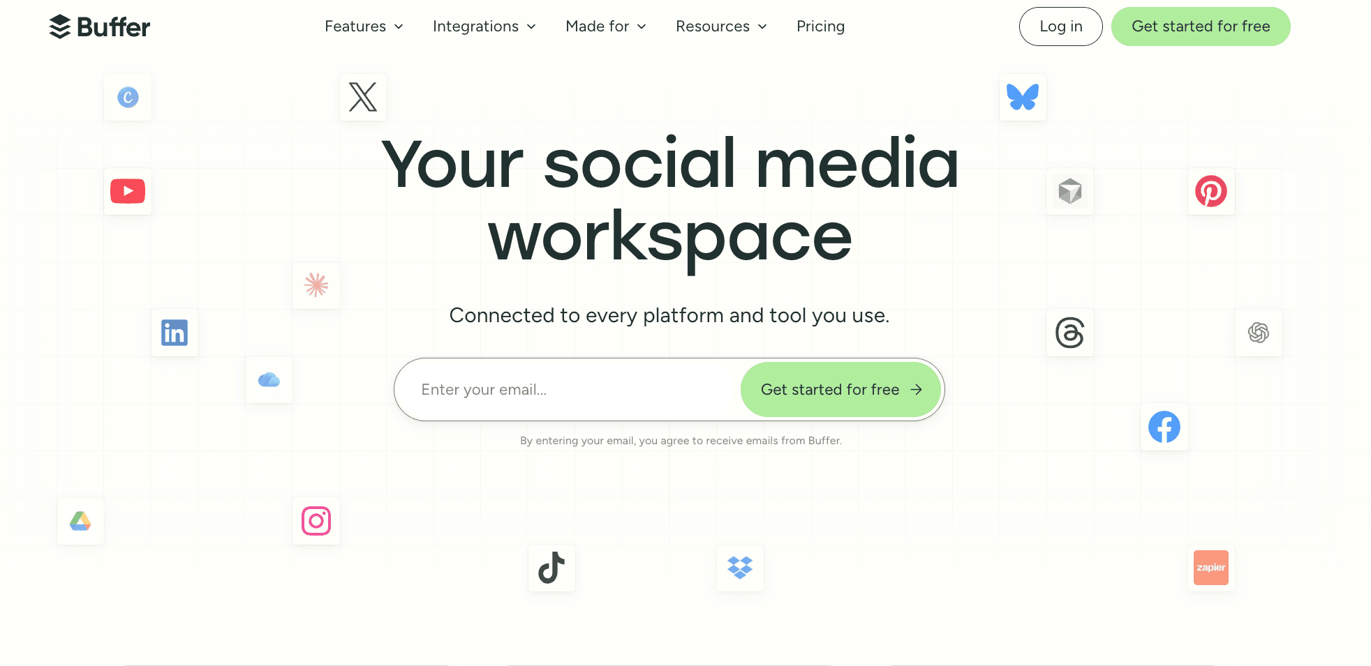 Buffer homepage on buffer.com, the per-channel social media scheduler compared with Buffer alternatives