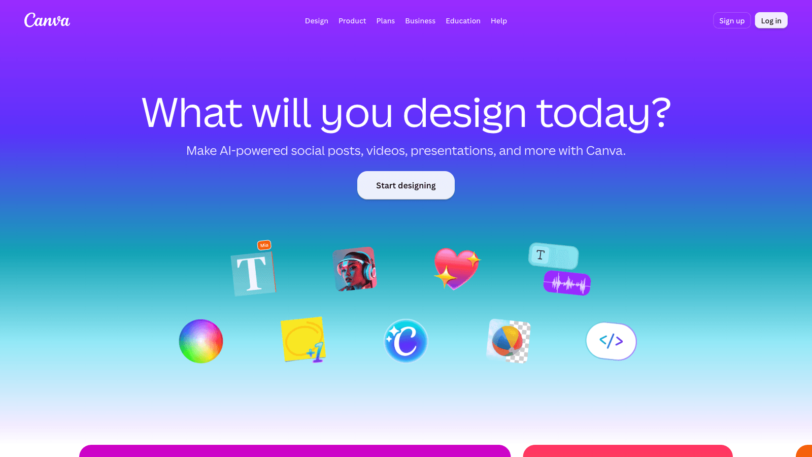 Canva homepage screenshot, a Zeely alternative