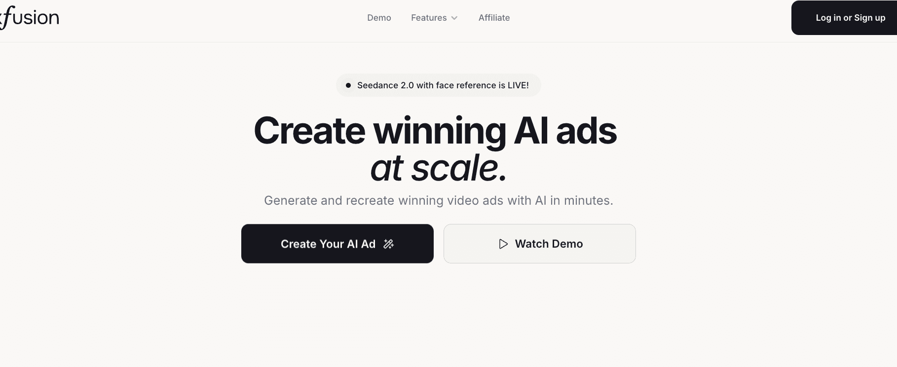 Maxfusion AI homepage hero on maxfusion.ai, a UGC ad generator compared as a Maxfusion alternative