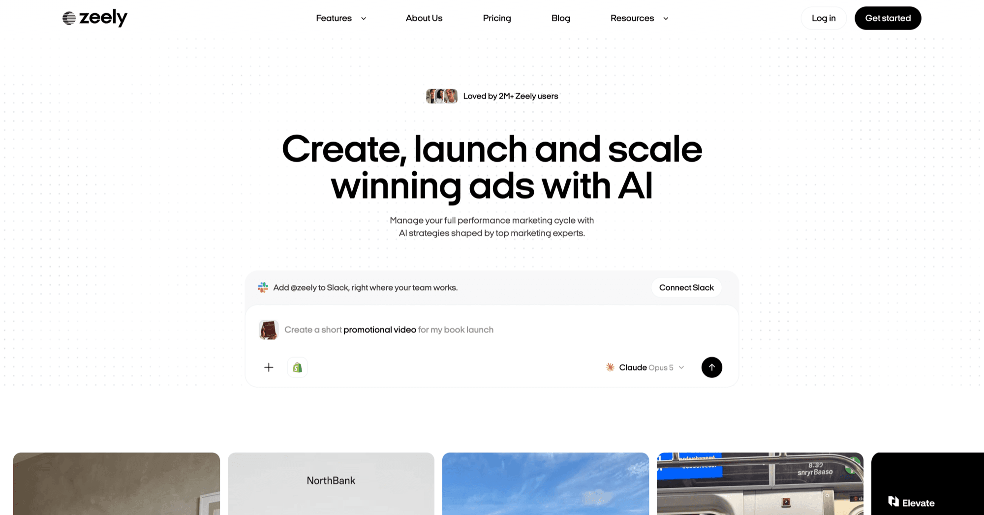 Zeely AI homepage on zeely.ai with the headline Create, launch and scale winning ads with AI