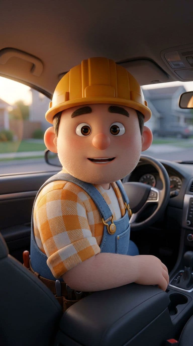 Example character: a cartoon mechanic in a car