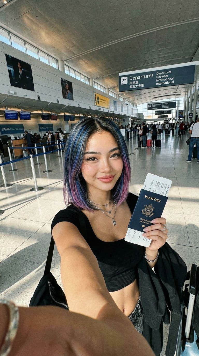 Example AI influencer: a woman taking a selfie at an airport