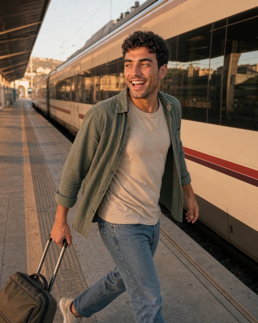 Derselbe KI-Influencer am Bahnsteig
